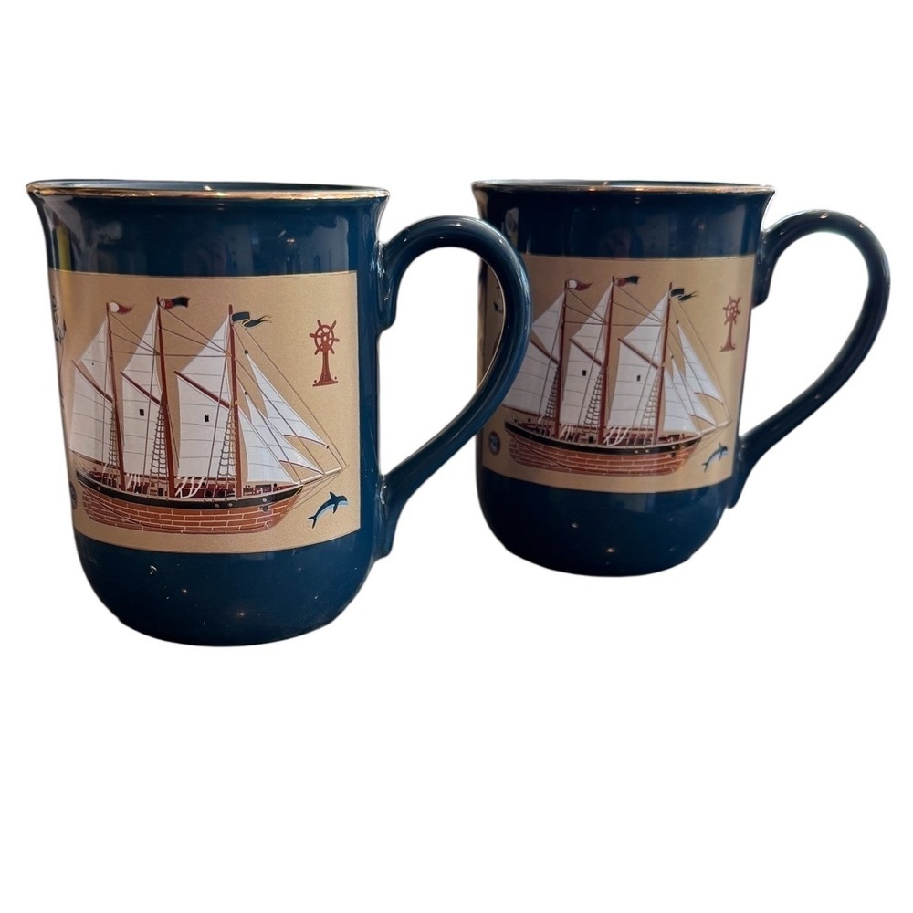 Vintage Otagiri Japan Gibson Greetings Nautical Sailing Ship Blue Mug Set of 2